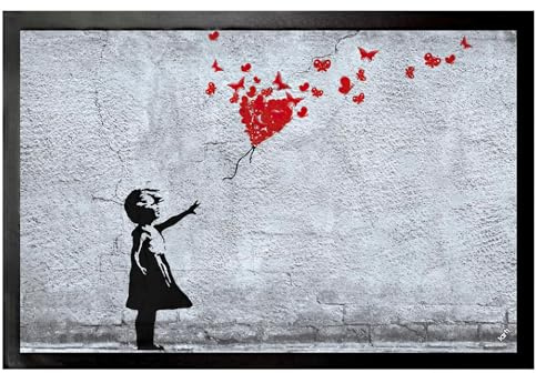 1art1 Mädchen Mädchen Mit Luftballon Und Schmetterlingen, Banksy-Style Fußmatte Dekomatte Innenbereich | Design Türmatte 60x40 cm