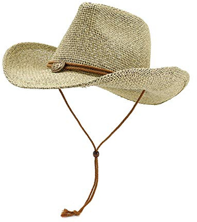 LTSWEET Cowboy Strohhut Herren Damen Cowboyhut Western Naturstroh Strandkappe Sonnenhut Breiter Krempe UV-Schutz Outdoor Camping mit Kinnriemen,Khaki