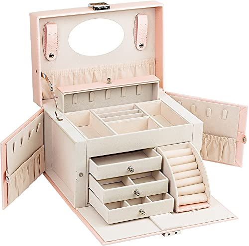 XMHome ADEL DREAM Schmuckkästchen Schmuckkästchen mit Spiegel Griff abschließbar für Reisen 4 Ebenen mit 3 Schubladen Schmuckaufbewahrung Geschenkidee für Damen Rosa