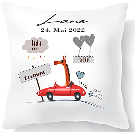 Personalisiertes Kissen zur Geburt Junge – Babygeschenk mit Namen & Geburtsdaten – Kuscheliges Namenskissen als Erinnerung – Personalisierte Geschenke zur Geburt für Jungen (Giraffe)