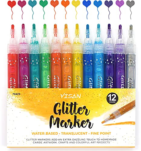 YISAN Glitzerstifte,Glitzer Marker,Metallic Marker Stifte Set,12 Farben für Geschenkekarte,DIY Fotoalben,70429