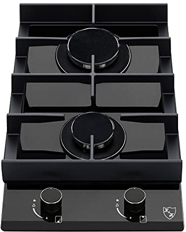 K&H Domino Glas Gaskochfeld 30cm [2 ZONEN] - Gasherdplatte Erdgas - Thermoelement Flammenaustrittssystem - 2Z-MKG - Gasbetrieben Autark - Sicherheitsglas Gehärtet - Propangasherd - Abschaltautomatik