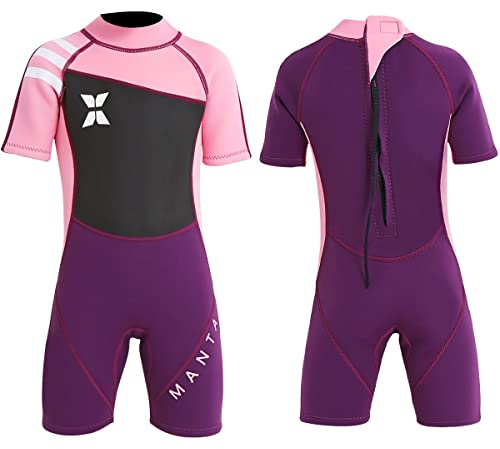 Kids Wet Suit Shorty Suits Girls 2.5mm Neoprene Shorty Wetsuit UV Protection Keep Warm Short Sleeve Wetsuits for Swimming Diving Scuba S Size 18813PK-S