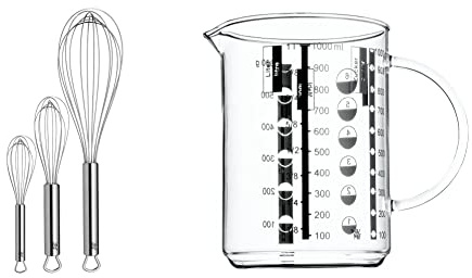 WMF Profi Plus Schneebesen Set 3-teilig, Cromargan Edelstahl teilmattiert & Gourmet Glas Messbecher 1l, hitzebeständiges Glas, Skalierung für Liter, Milliliter, Tassen und Gramm