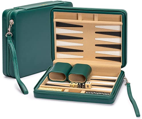 Yellow Mountain Imports Reise Backgammon Mini-Spielset, Izmir - Magnetische Spielsteine und 23,5 cm Brett in schicker Lederetui - Klassisches Strategiespiel