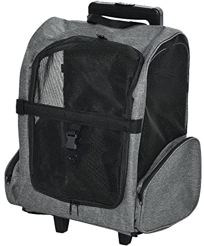 PawHut Hundetrolley Transporttasche Tragetasche für Tiere Trolley 2-in-1 Haustierrucksack Hundetasche mit Tür und Fenster atmungsaktiv Oxfordstoff Grau 42 x 25 x 55 cm