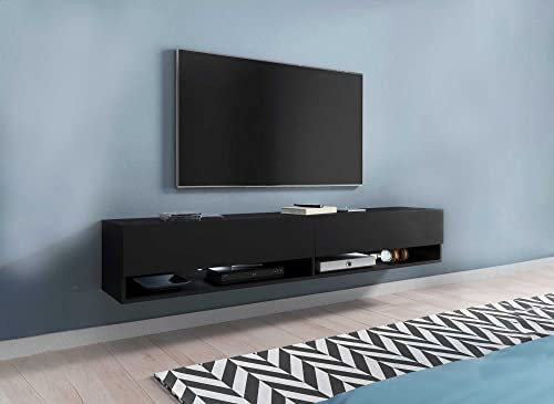 DecoInParis Meuble TV Suspendu 2 Portes 2 niches Noir Romane XXL - 180 cm