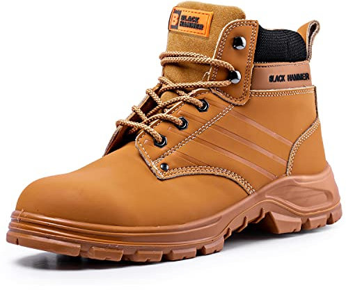 Black Hammer Mens Work Boots Tan | Steel toe Cap Safety Boots, High Protection with Ankle Support and Comfort for Working | 6007 (11 UK)