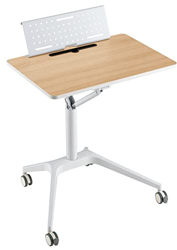 COSTWAY Height Adjustable Standing Desk, Mobile Sit Stand Desk Podium Stand with Detachable Holder, Slot & 4 Rolling Casters, Presentation Desk Laptop Table Study Computer Workstation for Home Office