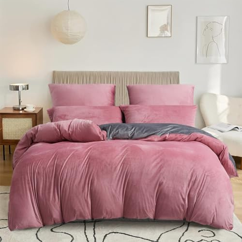 DXHOME Winter Bettwäsche Warm 220x240 Rosa Altrosa Grau Fleece Kuschelig Plüsch Winterbettwäsche Microfaser Wende Bettwäsche Modern Bettbezug mit Reißverschluss und 2 Kissenbezüge 80 x 80cm