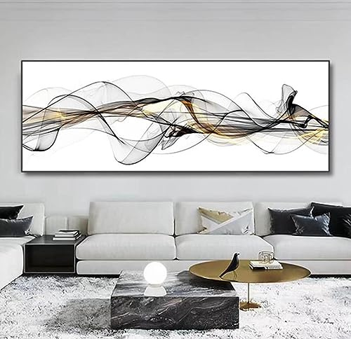 HEHGVCF Abstrakt Line Bild auf Leinwand,Schwarz Weiß Leinwand Malerei Poster 60x180cm,Abstrakte Kunst Wand Schwarz Gold Leinwandbilder,Kunstdruck,Home Bilder Rahmenlos (Line,60x180cm)