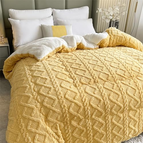 PRELGOSP Warme Kaschmir Decke, Flauschige Dicke Bettdecke, Weiche Winter Steppdecke, Doppelseitiges Design,Gelb,220x240cm/5kg