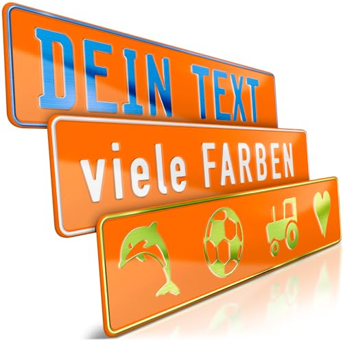 1 Fun-Schild geprägt | Orange mit Wunschtext bis 16 Zeichen | Namensschild | Individuelles Fun-Kennzeichen aus Aluminium | Auto-Kennzeichen | Optional Löcher & Saugnäpfe