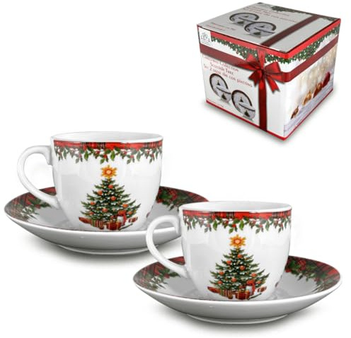 ARCA, Set di 2 Tazze da caffè con Piattino in Porcellana, per 2 Persone, con Decorazione Natalizia Scozzese, Resistenti e Durature, Ideali per la Tavola, Idea Regalo di Natale, 6x9 cm