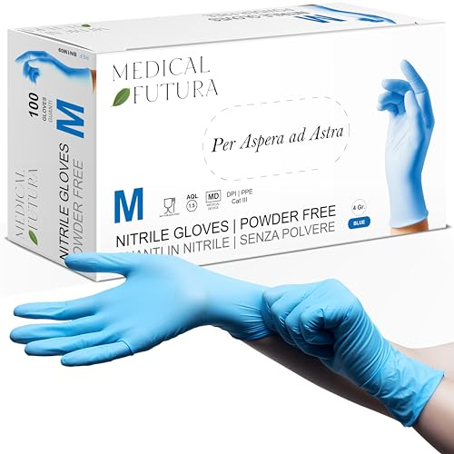 MEDICAL FUTURA - 100 Guanti in Nitrile M Blu Monouso Anallergici Gr. 4.0, Senza Polvere, Senza Lattice, Ottimi per Estetisti, Tatuatori, Officine, Ambiti Medici e Manipolazione Alimenti (M, Blu)