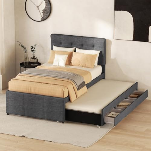 MQGPM Polsterbett 90 x 200cm&90 x 190cm mit Verstellbares Kopfteil, Ausziehbares Doppelbett mit Lattenrost und Stauraum, Funktionsbett,Grau (ohne Matratze)