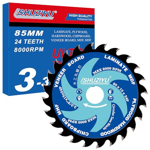3-3/8 (85mm)-24T, Wood Working Circular Saw Blade, Arbor 15mm with 10mm Wahser, for Laminate, Veneer Board, Plywood, Hard Wood, MDF and HDF Cutting | Anti-Stick Coating, Arbor 15mm with 3/8“(10mm) Wahser, For Laminate, Veneer Board, Plywood, Hard wood, MDF and HDF Cutting