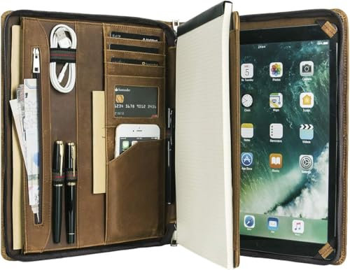 Calfinder Konferenzmappe A4 Leder, A4 Dokumentenmappe mit Klemmbrett, Ledermappe，Schreibmappe/Arbeitsmappe mit Reißverschluss, Tablet-Tasche für iPad Pro 12.9 (2018/2020/2021), Braun