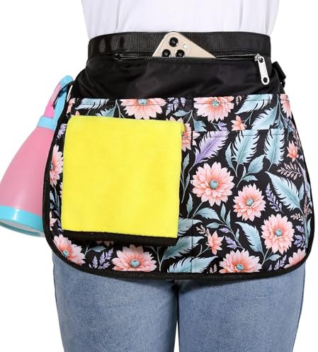 Bafelia Small Size Cleaning Caddy Apron for Women with 5 Pockets, Professional Waterproof Cleaning Supplies for Housekeepers, Pink Flowers, S