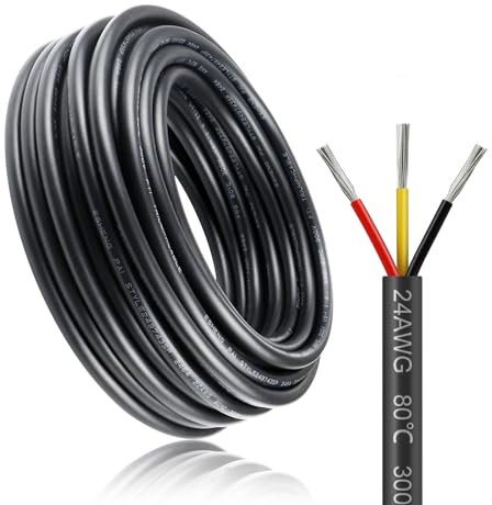24AWG 10M/32.8ft 3x0.2mm² Electrical Wire, 3 Core Cable 5V/12V/24V Low Voltage Tinned Copper Wire, Flexible and Soft 300V Outdoor Cable High Temperature Resistant Extension Cable with Anti-Static Bag