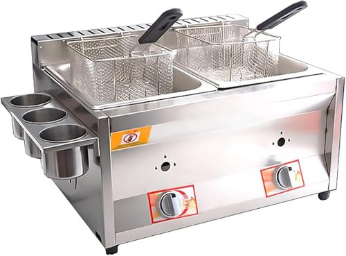 Friteuse à gaz Commerciale de comptoir, Double réservoir en Acier Inoxydable, Grande capacité, au Propane GPL, avec Panier 10Lx2 et Couvercle for Frites, Cuisine à Domicile, Restaurant