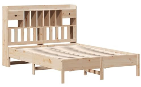 vidaXL Massivholzbett, Bett Kopfteil mit Bücherregal ohne Matratze, Bettgestell mit Lattenrost, Holzbett Doppelbett für Schlafzimmer, 135x190cm Kiefer