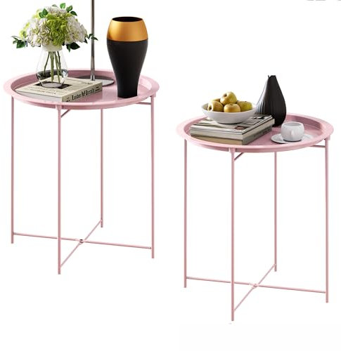 Elitehouse Beistelltisch-Set, 2er-Set, rosa Outdoor-Beistelltisch, kleine Terrasse, rund, zusammenklappbar, Metall-Beistelltische für draußen, Wohnzimmer, Schlafzimmer, Balkon und Büro, 2 Stück