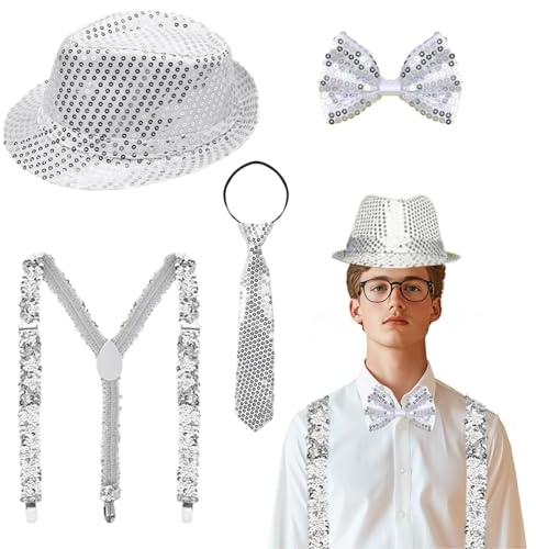 Yi'antai Herren Glitzer Bekleidung,Glitzer Outfit Herren,Glitzer Accessoires Herren,Glitzer Kostüm Herre mit Glitzer Fliege,Pailletten Hosenträger krawatte,Herren Pailletten Zylinder Hut (Silber)