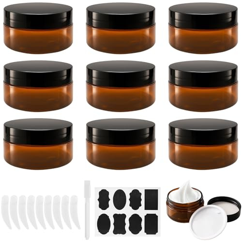 Ysimple 9 Stk Creme Behälter 80ml, Braun Kunststoff Cremedosen zum Befüllen | Leere Salbentiegel mit Deckel und Liner, Kleine Salbendosen mit Kratzlöffel/Aufkleber, für Kosmetik, Lotion, Cremes