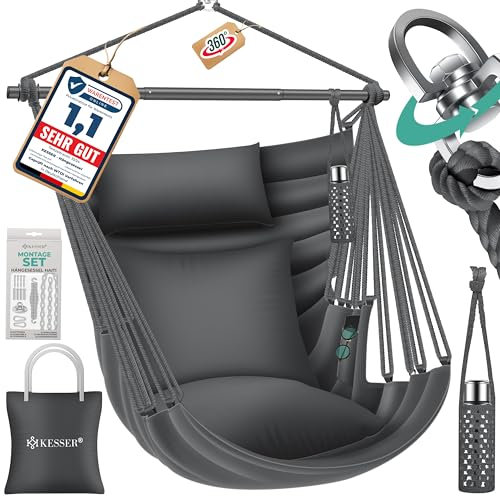 KESSER® Hängesessel Haiti 150kg Traglast, Hängestuhl 360° Drehung, Hängeschaukel Indoor-Outdoor UV-beständig & Wasserfest, Pflegeleicht, Inkl. 2 Kissen, Tragetasche, Flaschenhalter & Montage-Set