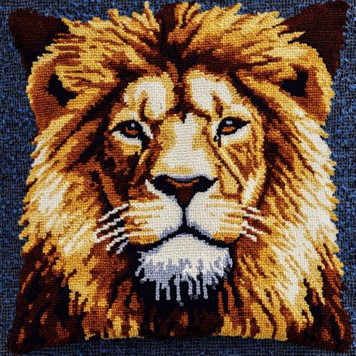 AMBATTERY Kit De Broderie Au Point De Croix Pré-Imprimé, Lion animal Coussin à Broder au Point de Croix 45X45cm Coussin à Broder Fait Main Housse De Coussin À Broder Point De Croix
