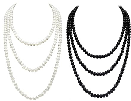 Collier Long de Perles Fantaisie, 150 cm, 8 mm, Noir et Blanc, Lot de 2