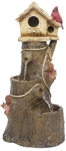 Alpine Corporation ZEN552 Outdoor Multitiered Birdhouse with Cardinal and Squirrels Water Floor Fountain for Patios, Gardens, and Yard Decor, 24 H, Brown