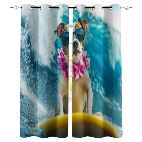 Genérico cortinados Quarto 245X280cm(HxB) Perro Surfeando Cortinas acusticas Cortinas Blackout con diseño Floral de poliéster con Ojales para habitación Elegante A263-1089