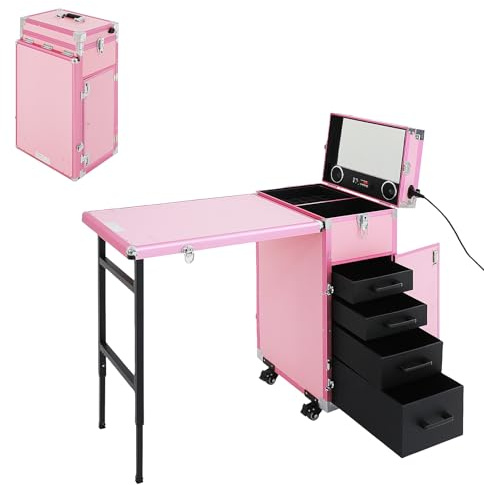 HUOMMGS Professioneller Kosmetikkoffer Trolley 2 In 1 Schminkkoffer mit Tisch Bis 50KG Tragbarer Nageltisch mit 4 Schubladen und Rollen Multi-Function Friseurkoffer für Makeup Stationen (Rosa)