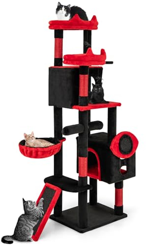 COSTWAY Gothic Cat Tree, 157cm Tall Cat Climbing Tower with 2 Plush Perches, 2 Condos, Basket Bed, Spooky Dangling Toys, Scratching Posts & Sisal Ramp, Indoor Multi-Level Kitten Activity Center