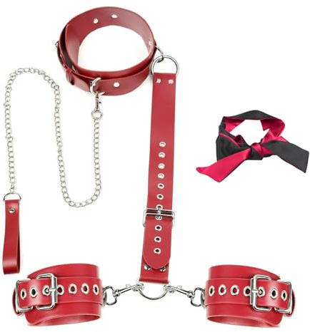 BDSM Bondage Set Leder Handschellen Halsband mit Leine Sexspielzeug für Paare Erotik Leash Collar Restraints Abnehmenbare Handfesseln Rot