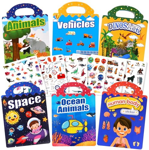 BuyCard Reusable Sticker Book - 6 Pack 3D Sticker Book for Kids for 2+ Year Olds Travel Airplane Activity for Kids Scene Storybook Sticker Gift for Boys Girls (Blue+6 PCS)