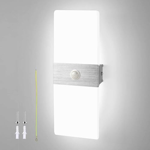 JaneYi Aplique de Pared Interior Luz LED con Sensor de Movimiento 12W Lámpara de Pared Moderna Blanco Frío 6500K Acrílico Aluminio para Pasillo Escaleras Balcón Salón Entrada