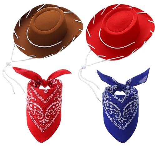 Zhamate 4 Pcs Child Western Cowboy Hats and Bandanas, Red and Brown Cowgirl Hats for Toddlers & Kids 3-6 for Halloween Costume