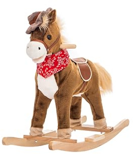 NINODOVAE Kinder Schaukelpferd, Plüsch-Fülltiere-Schaukel, für Kinder 12-36 Monate, Holzuntergrund (Braun)