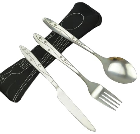 Stainless Steel Travel Utensil Set - Fork(16x2.2cm)/Spoon(17.2x3.8cm)/Knife(17.8x1.4cm)/Teaspoon(15x3cm) + Neoprene Case, Dishwasher Safe for Camping/Picnic