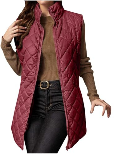 OVARA Qulited Gilet Women Longline Zip Up Padded Vest Ladies Body Warmer Sleeveless Puffer Jacket Lightweight Stand Collar Thermal Outdoor Casual Long Gilets