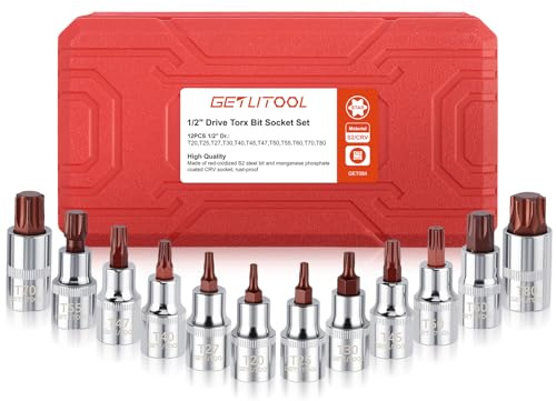 GETLITOOL Set 12PZ Bussola a Brugola Torx T20-T80 con Attacco 1/2 Pollice, Corredo di Bussole a Impatto in Acciaio S2+CRV Chiavi Esagonali a Stella con Valigetta per Avviatore Riparazione Auto DIY