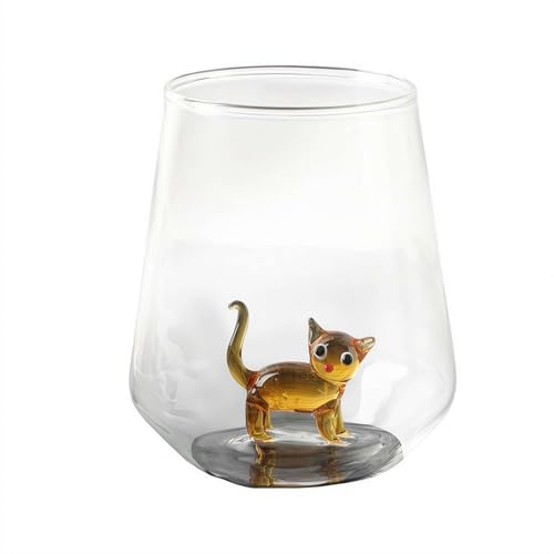 Handmade Cute Cats Glass Cup - 3D Cat Figurine Stemless Wine Glass for Cat Lovers, Cats Figurine GlassCup with Handblown Figures Inside, Unique Feline Barware Gift for Coffee Wine (Brown)
