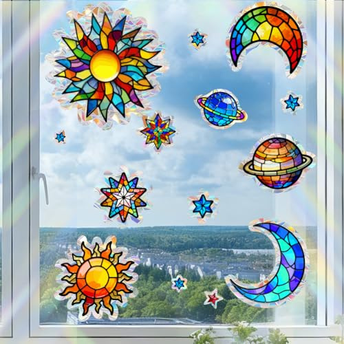 PRESSINART 14 st sol- och månfönsterklamrar 40 x 30 cm regnbåge solfångare klistermärken sol måne stjärnmönster icke-självhäftande återanvändbar PVC fågelskydd statisk dekal för kök vardagsrum