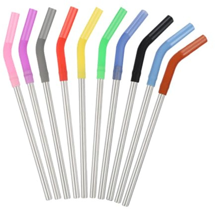 FONDOTIN Juego de 10 Pajitas Reutilizables de Acero Inoxidable 304 Boquilla de Succión de Silicona Multicolor, Pajitas Curvas para Beber Batidos, Yogur y Bebidas Saludables Color Aleatorio