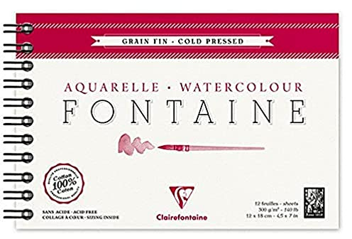 Clairefontaine 96312C Album Spiralé Fontaine - 12 Feuilles Papier Aquarelle Blanc 100% Coton Grain Fin Qualité Professionnelle 12x18 cm 300g