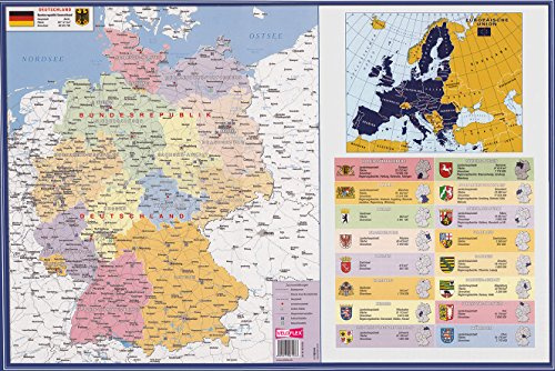 VELOFLEX 4674000 - Schreibtischunterlage Deutschland, 40 x 60cm, rutschfest, abwaschbar, mit transparenter Antireflex-Schutzfolie, Schreibtischauflage, Malunterlage, Bastelunterlage, 1 Stück