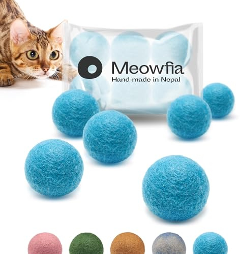 MEOWFIA Wool Ball Toys - 6-Pack of Safe for Cats and Small Dogs Balls - 1.5 Inch Felted Wool Cat Toy and Dog Toy - Perfect with Cat Cave - Silent - Mini Tennis Balls - (1,5in/Aquamarine)